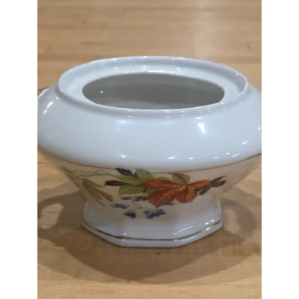 Antique Porcelain Creamer Sugar Bowl Platter Set 3 AMC Germany Autumn Leaf Gold